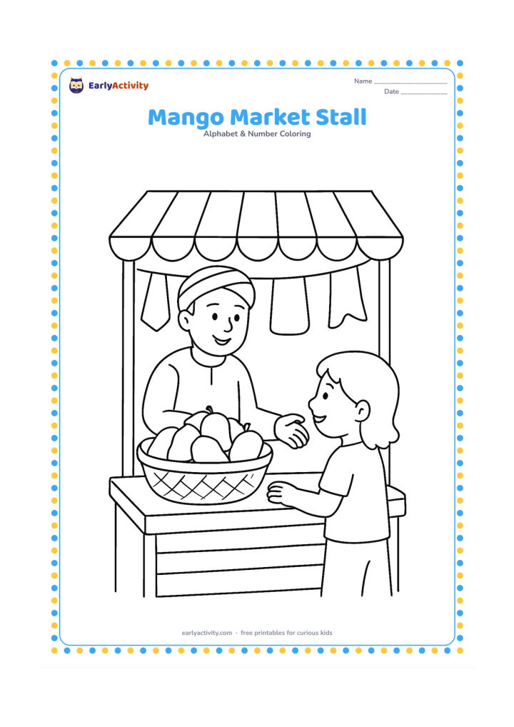 Colouring page: Draw an Indian market stall with a large basket of mangoes, a simple striped canopy, a smiling vendor and a customer choosing fruit. Add a few plain hanging cloth shapes without writing.