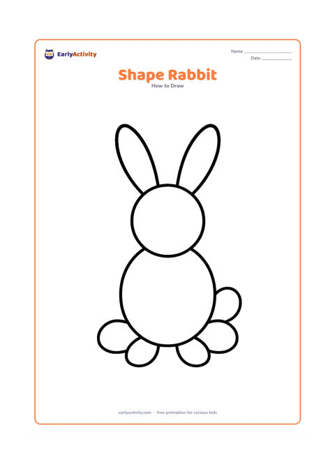 Worksheet: Show a large sitting rabbit built from one circle head, one oval body, two long ear shapes, four simple paws and a round tail. Arrange the separate shapes clearly on the page with plenty…