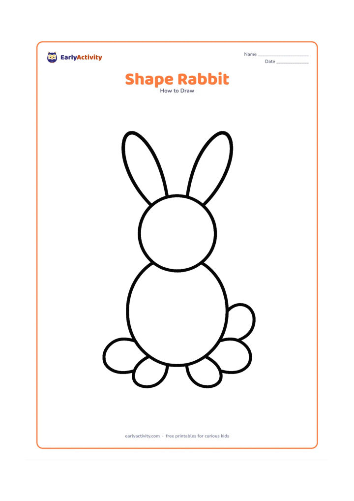 Worksheet: Show a large sitting rabbit built from one circle head, one oval body, two long ear shapes, four simple paws and a round tail. Arrange the separate shapes clearly on the page with plenty…