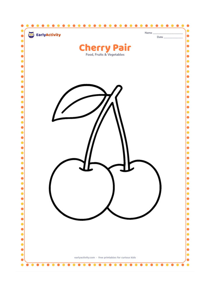 Colouring page: Draw two large cherries joined by thin curved stems, with one simple leaf above them and no background.