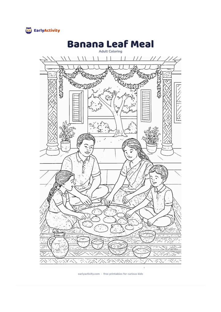 Colouring page: Show a family seated on floor mats enjoying a meal served on banana leaves in a shaded veranda, with bowls, a water pot, hanging garlands, open windows, potted herbs, and a courtyard…