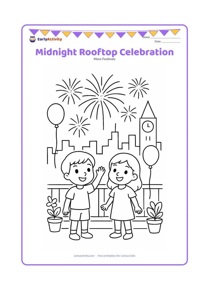 Colouring page: Two children stand on a safe apartment rooftop terrace, waving as fireworks bloom above a city skyline. Include a low railing, potted plants, balloons and a large clock tower in the…