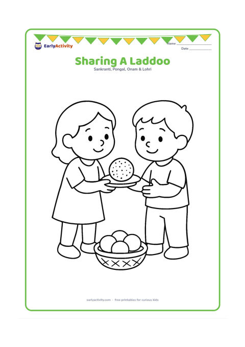 Colouring page: Two children face each other while one offers a large round sesame laddoo on a small plate. Add one basket of simple sweets at their feet.