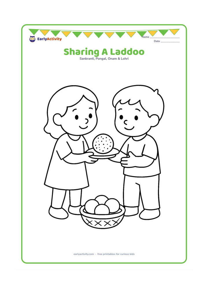 Colouring page: Two children face each other while one offers a large round sesame laddoo on a small plate. Add one basket of simple sweets at their feet.