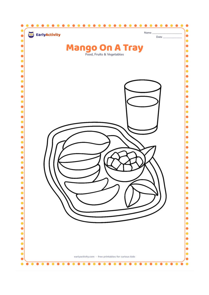 Colouring page: Show a family-style serving tray holding mango slices, a small bowl of mango pieces and two leaves, with a glass of water beside it.
