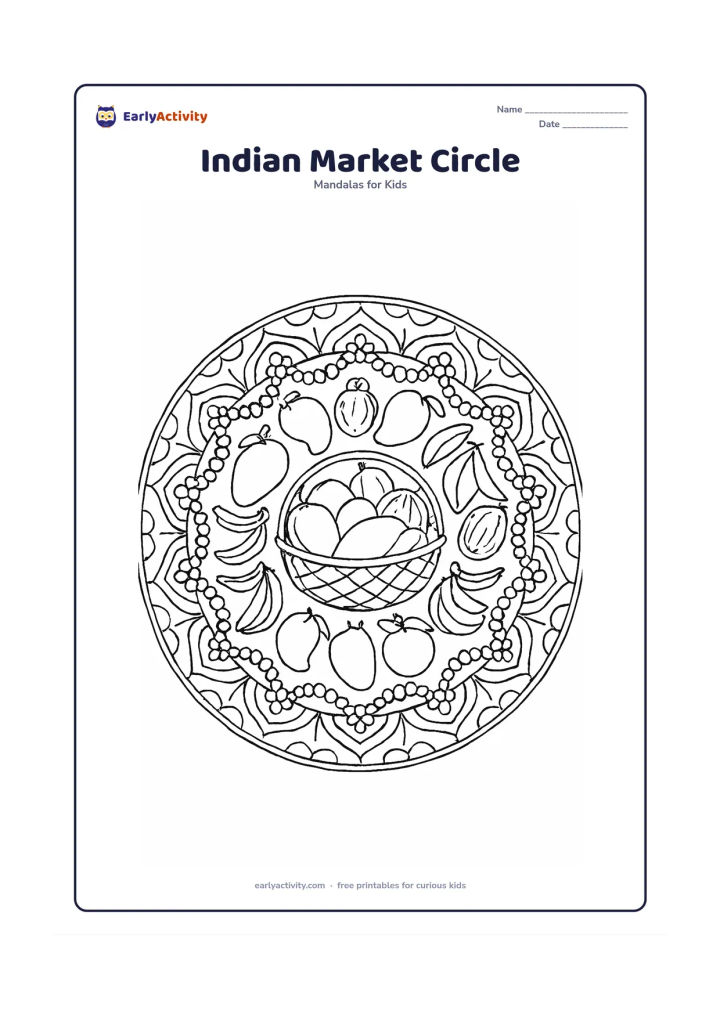 Colouring page: A detailed circular mandala showing a fruit seller's basket at the centre, surrounded by repeated mangoes, bananas, coconuts, leafy stems, flower garlands and patterned stall curves.…