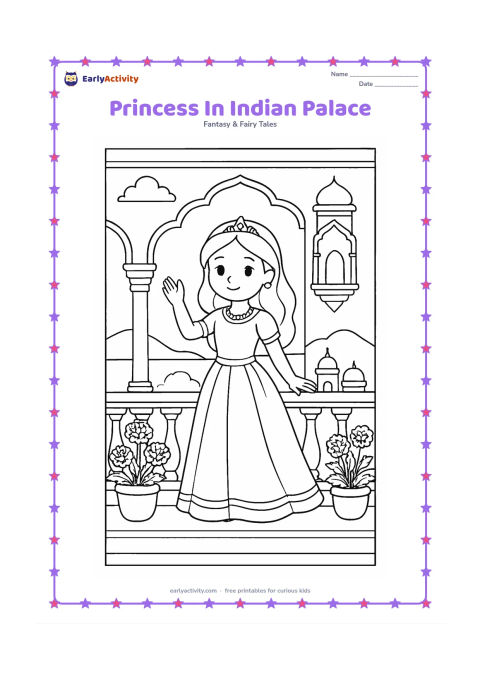 Colouring page: Draw a princess standing on a palace balcony inspired by Indian architecture, with arches, carved-looking columns, a jharokha-style window, and potted marigolds. Show distant domes and…