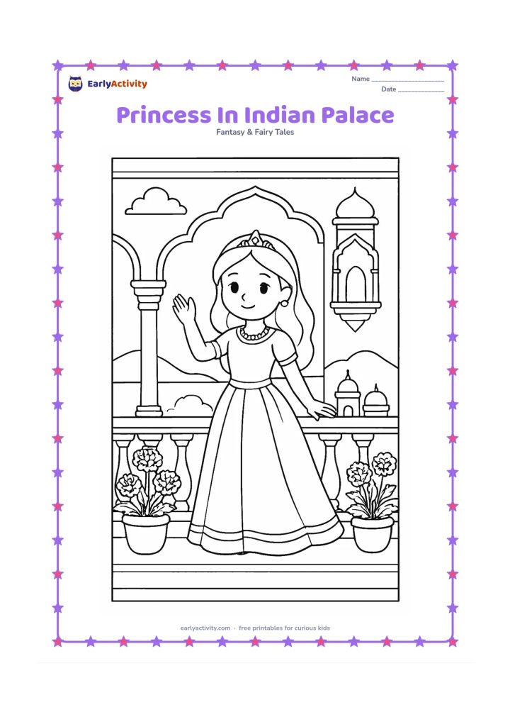 Colouring page: Draw a princess standing on a palace balcony inspired by Indian architecture, with arches, carved-looking columns, a jharokha-style window, and potted marigolds. Show distant domes and…