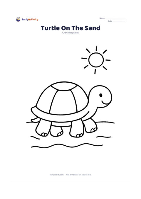 Worksheet: Draw a friendly turtle walking from left to right on a sandy beach, with a large rounded shell, four chunky feet and a small sun shape above the horizon. Add two broad shell pattern…