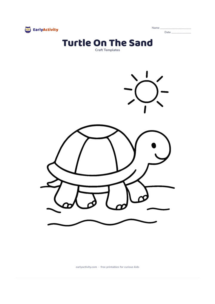 Worksheet: Draw a friendly turtle walking from left to right on a sandy beach, with a large rounded shell, four chunky feet and a small sun shape above the horizon. Add two broad shell pattern…