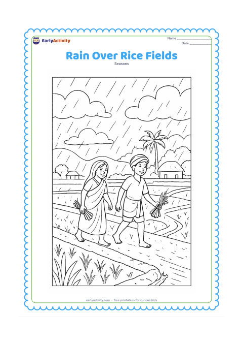 Colouring page: A rural Indian landscape shows farmers walking along a raised path beside flooded rice fields during steady rain. Include bundled seedlings, distant huts, palm trees, a small channel…