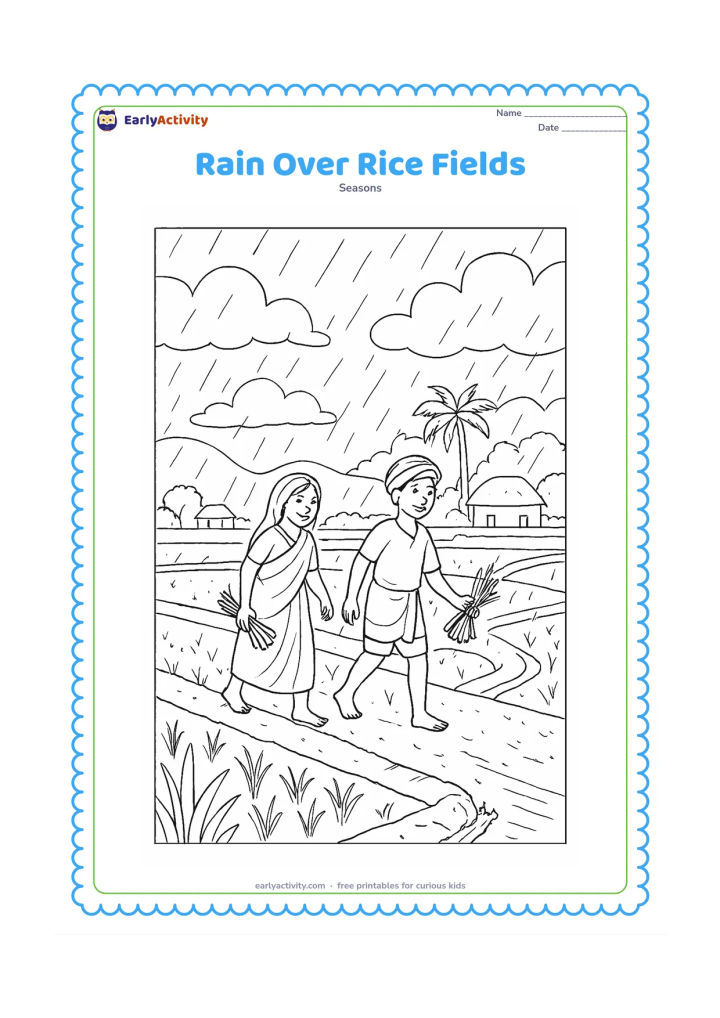 Colouring page: A rural Indian landscape shows farmers walking along a raised path beside flooded rice fields during steady rain. Include bundled seedlings, distant huts, palm trees, a small channel…