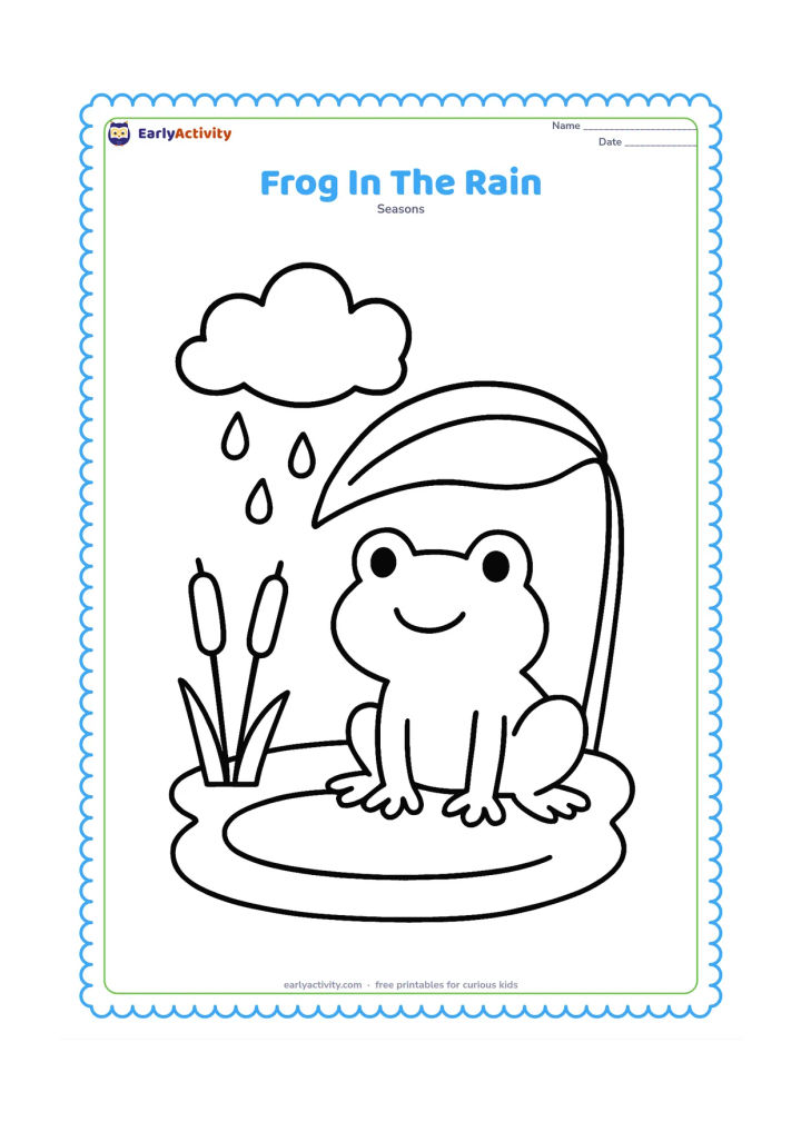 Colouring page: A friendly frog sits beside a large puddle under a broad leaf, with raindrops falling from one cloud. Include two simple reeds near the puddle.
