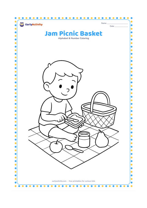 Colouring page: Draw a child sitting on a picnic blanket spreading jam on a slice of bread beside an open basket. Include a small jar, spoon, and two large fruit shapes.
