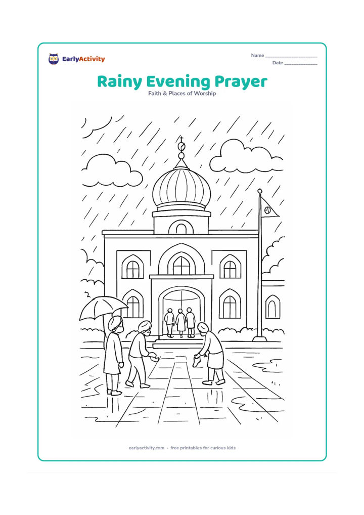 Colouring page: Show a warmly lit gurudwara on a rainy evening, with visitors leaving umbrellas outside, removing shoes and entering the prayer hall. Include reflective paving, rain clouds, arched…