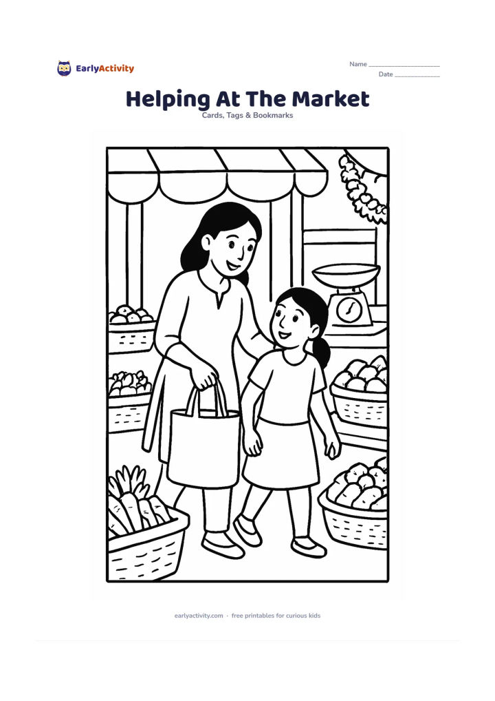 Worksheet: Draw a caring adult and child carrying a reusable shopping bag through a friendly Indian market, with baskets of vegetables, a weighing scale, awning and flower garland. Keep all shop…