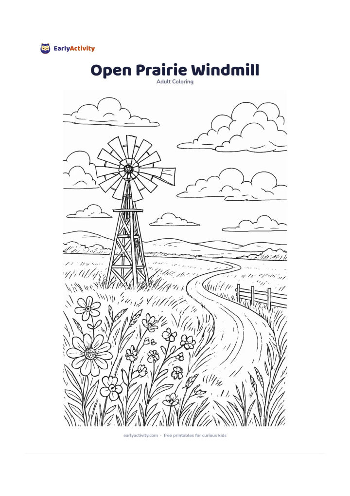 Colouring page: A wide open prairie with a traditional windmill, waving grasses, a winding track, wildflowers, distant low hills and large moving clouds. Add a small wooden fence with no markings along…