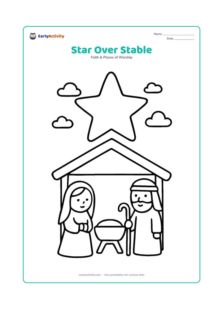 Colouring page: Show a bright large star above a small stable with the manger visible through the open front. Add Mary and Joseph as simple figures standing on either side.