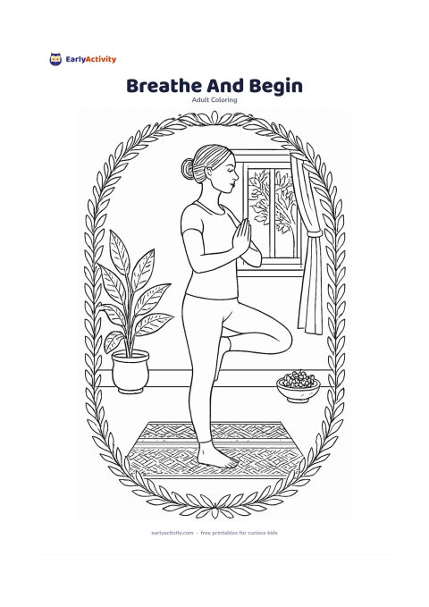 Colouring page: An adult performs a calm standing yoga pose on a woven mat in a quiet room, with an open window, a leafy plant, curtains and a small bowl of flowers. Use a rounded frame made from…