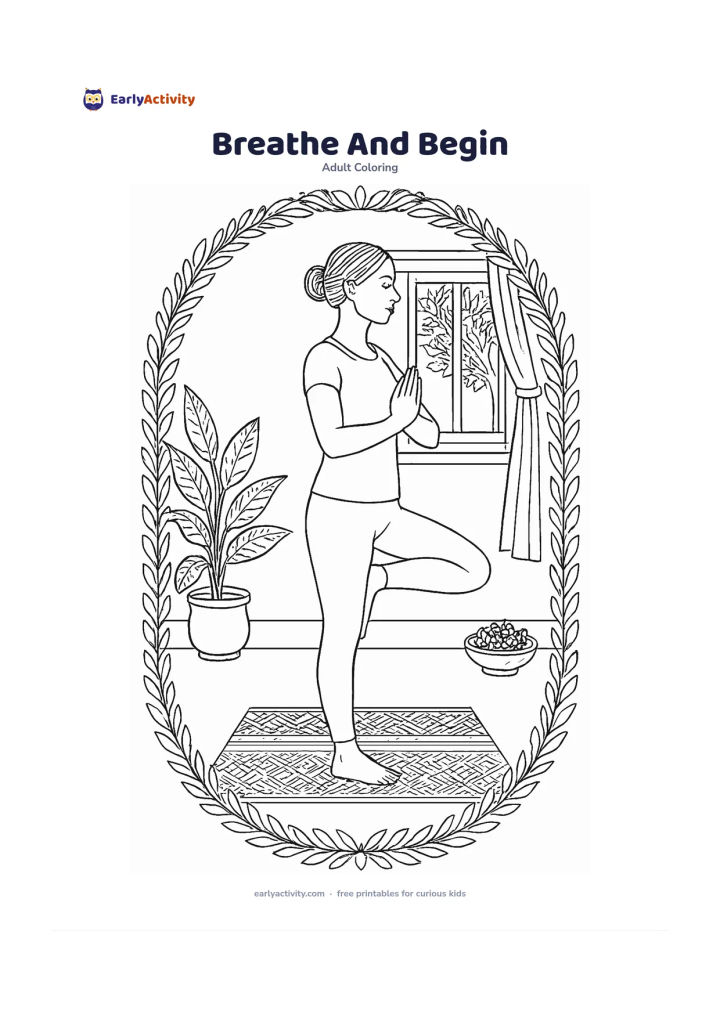 Colouring page: An adult performs a calm standing yoga pose on a woven mat in a quiet room, with an open window, a leafy plant, curtains and a small bowl of flowers. Use a rounded frame made from…