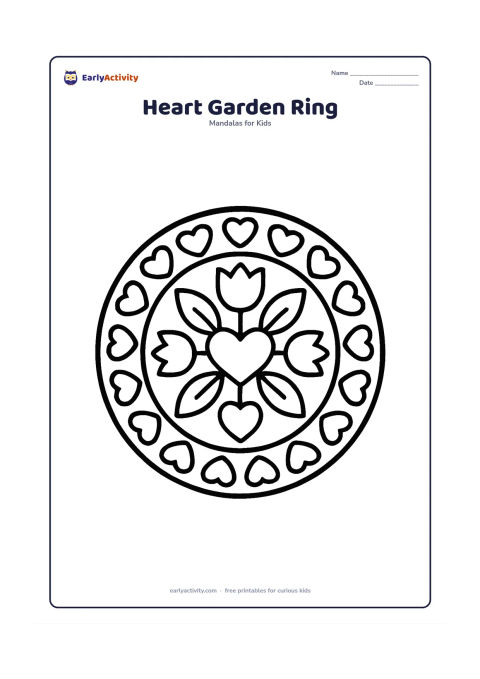 Colouring page: Draw a simple round mandala with a central heart, four large leaves, four tulip-like flowers, and a wide outer ring of rounded hearts. Keep the garden motifs balanced around the circle.