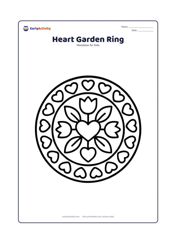 Colouring page: Draw a simple round mandala with a central heart, four large leaves, four tulip-like flowers, and a wide outer ring of rounded hearts. Keep the garden motifs balanced around the circle.