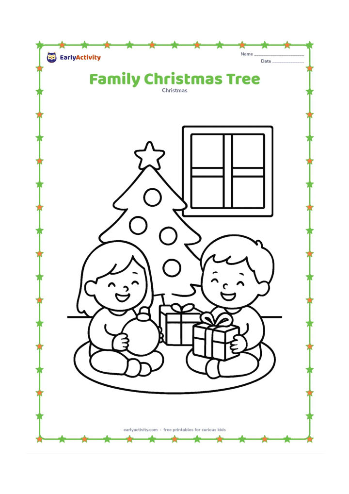 Colouring page: Two smiling children sit beside a Christmas tree while one child holds a large ornament and the other holds a gift. Include a few presents, a rug and a simple window behind them.