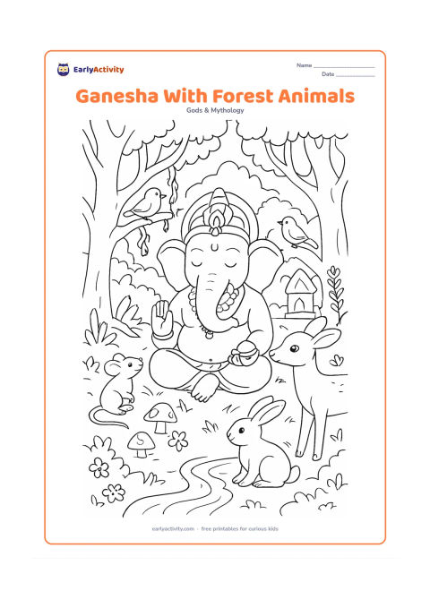 Colouring page: Lord Ganesha sits peacefully in a forest clearing with his mouse, a deer, a rabbit and two birds gathered nearby. Add a stream, large trees, vines, mushrooms, flowers and a small stone…