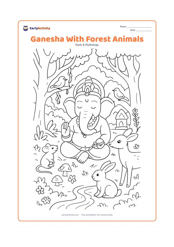 Colouring page: Lord Ganesha sits peacefully in a forest clearing with his mouse, a deer, a rabbit and two birds gathered nearby. Add a stream, large trees, vines, mushrooms, flowers and a small stone…