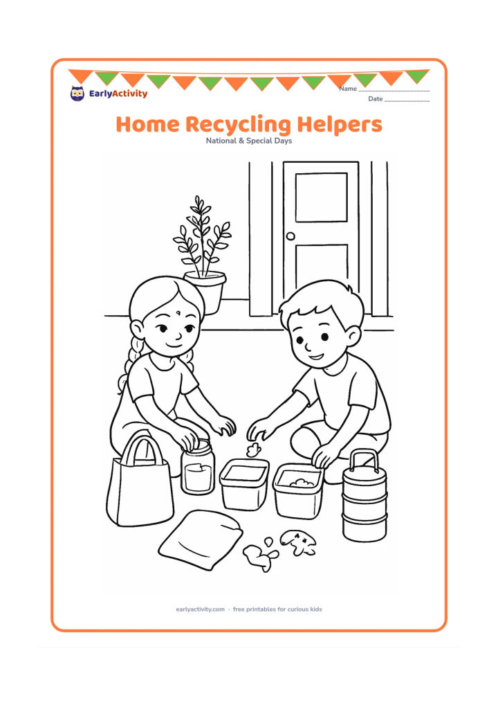 Colouring page: Show two Indian children on a home veranda sorting a paper bundle, glass jar, metal can and food scraps into three plain, unlabelled containers. Include a reusable cloth bag, a steel…