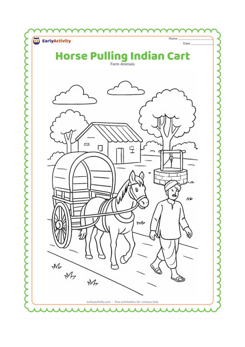 Colouring page: A horse pulls a traditional Indian farm cart along a village road, with large wooden wheels, a shaded cart canopy and a farmer walking beside it. Add a mud-brick home, a well and trees…