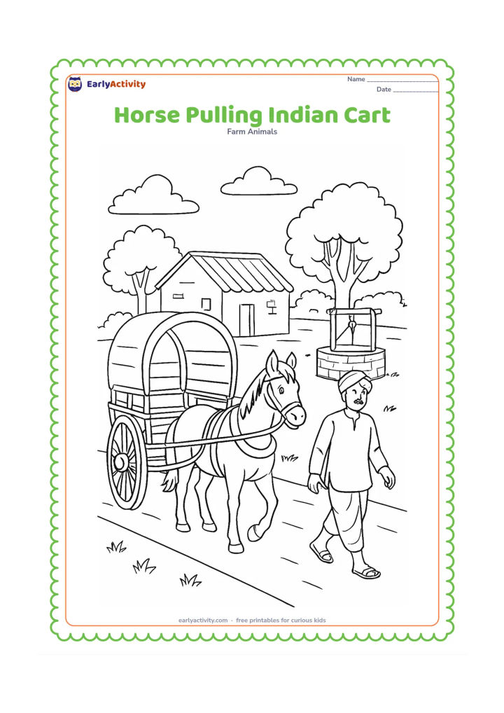 Colouring page: A horse pulls a traditional Indian farm cart along a village road, with large wooden wheels, a shaded cart canopy and a farmer walking beside it. Add a mud-brick home, a well and trees…