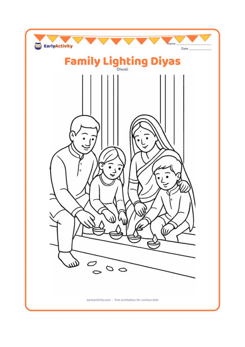Colouring page: Draw two adults and two children seated together on a veranda, placing diyas along the edge of a low step. Include a doorway, a few flower petals, and simple festive clothing.