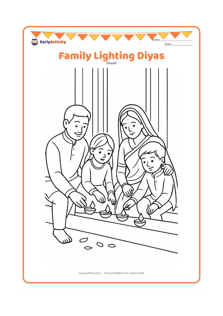 Colouring page: Draw two adults and two children seated together on a veranda, placing diyas along the edge of a low step. Include a doorway, a few flower petals, and simple festive clothing.