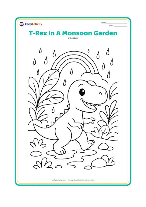 Colouring page: A cheerful T-Rex walks through a lush rainy landscape with broad tropical leaves, puddles, hanging raindrops, and a small rainbow-shaped arc with no symbols. Add a few smooth rocks.