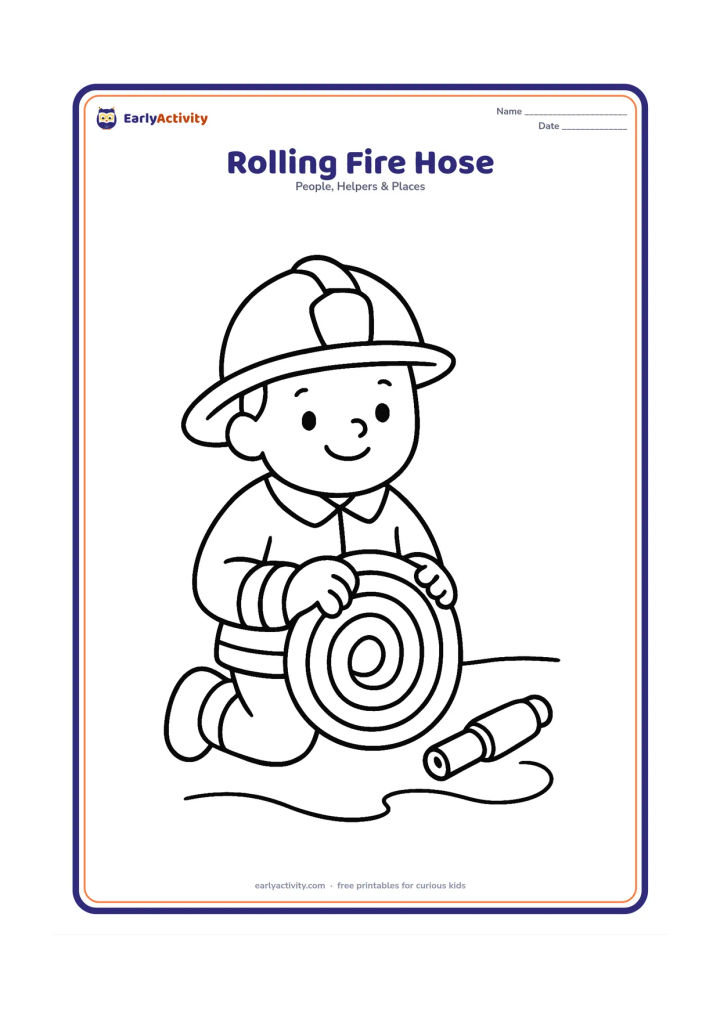 Colouring page: Draw a firefighter kneeling and holding a short coiled hose, with one rounded nozzle on the ground nearby. Add a few simple puddle-free ground curves to suggest the fire station yard.