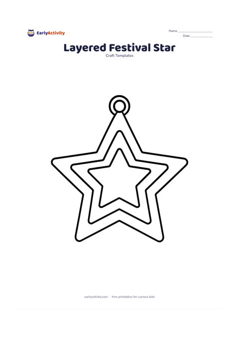 Worksheet: Place a large star outline behind two smaller offset star outlines, creating a paper-layer arrangement with visible edges. Add a simple hanging loop above the stack and leave every star…