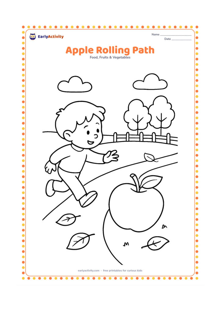 Colouring page: Draw a whole apple rolling along a gently curving garden path while a child reaches toward it, with a few fallen leaves, a low fence and distant trees suggesting an autumn afternoon.…