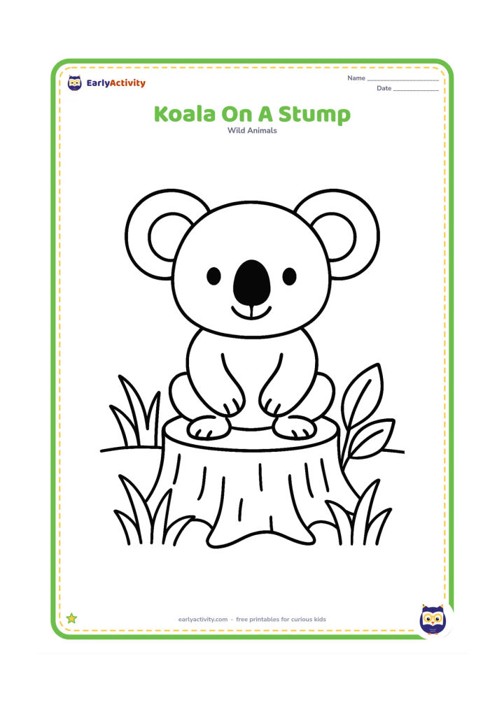 Colouring page: Draw a koala sitting on a wide tree stump with its paws resting on its knees. Add three large grass clumps and a few oversized leaves around the stump.