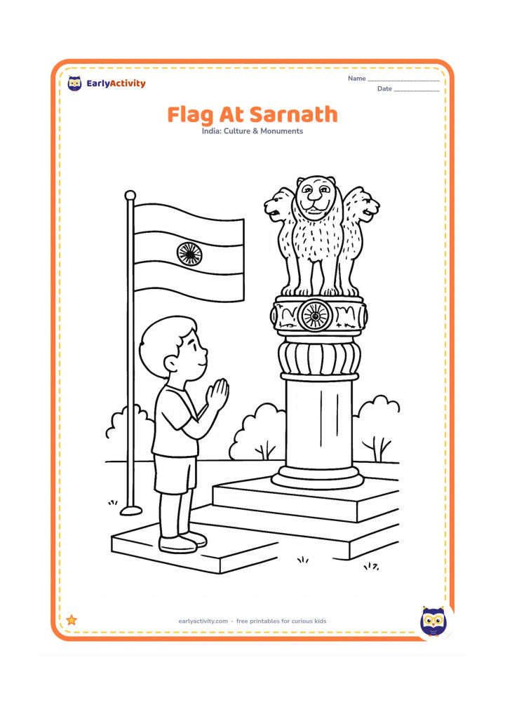 Colouring page: Draw an Indian flag on a stand beside a simplified Ashoka Lion Capital display at Sarnath, with a child observing respectfully. Include a low stone platform and a few trees, with no…