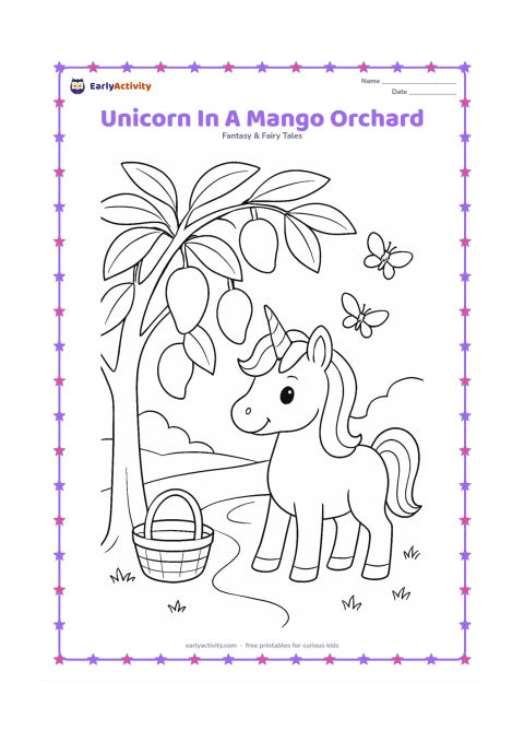 Colouring page: Draw one unicorn standing beneath a mango tree with broad leaves and several mangoes, while a basket rests on the ground. Add a small path, butterflies, and distant low hills.