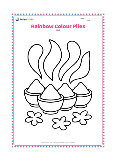 Colouring page: Four large bowls hold separate piles of gulal, arranged in a row with broad curved colour shapes above them. Add a few oversized petals on the ground.