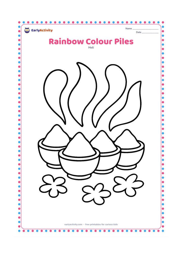 Colouring page: Four large bowls hold separate piles of gulal, arranged in a row with broad curved colour shapes above them. Add a few oversized petals on the ground.