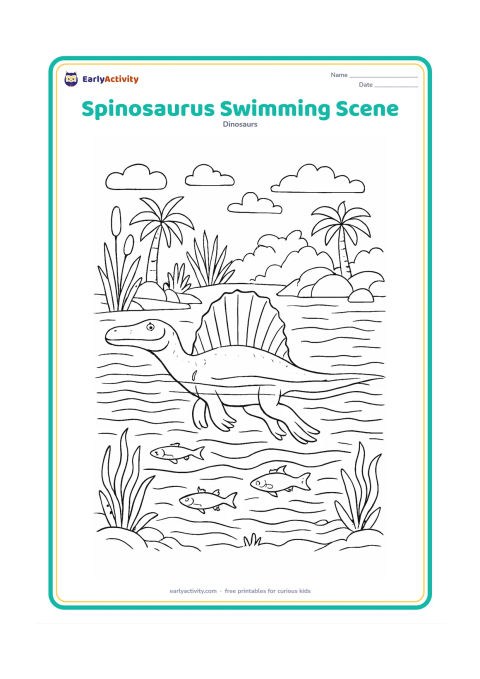 Colouring page: A Spinosaurus swims across a broad prehistoric river, with its head, back sail and part of its tail above the surface. Below it show fish, aquatic plants and layered ripples; behind it…