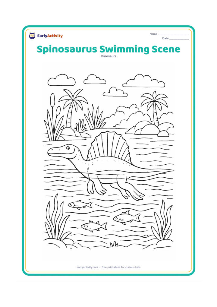 Colouring page: A Spinosaurus swims across a broad prehistoric river, with its head, back sail and part of its tail above the surface. Below it show fish, aquatic plants and layered ripples; behind it…