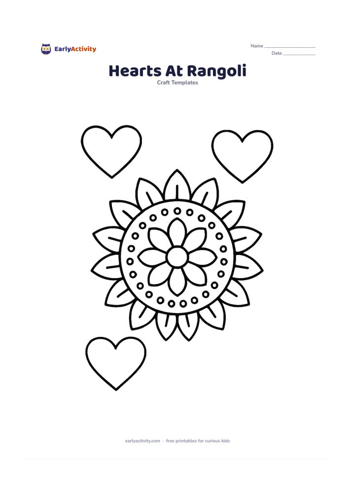 Worksheet: Place three empty heart templates around a simple circular rangoli made from large petals and dots, suggesting an Indian home entrance decoration. Keep the hearts separate and easy to…