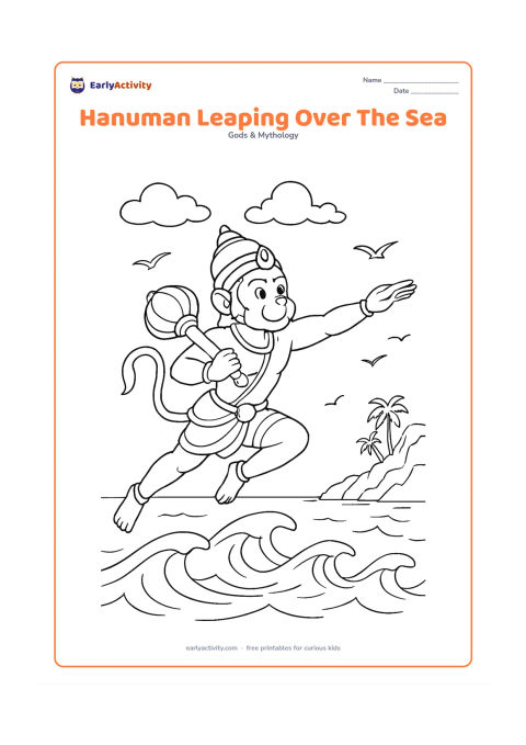 Colouring page: Hanuman leaps above rolling waves toward a distant shore, carrying his gada and stretching one arm forward. Add seabirds, clouds, a rocky coastline, and a few palm trees in the distance.