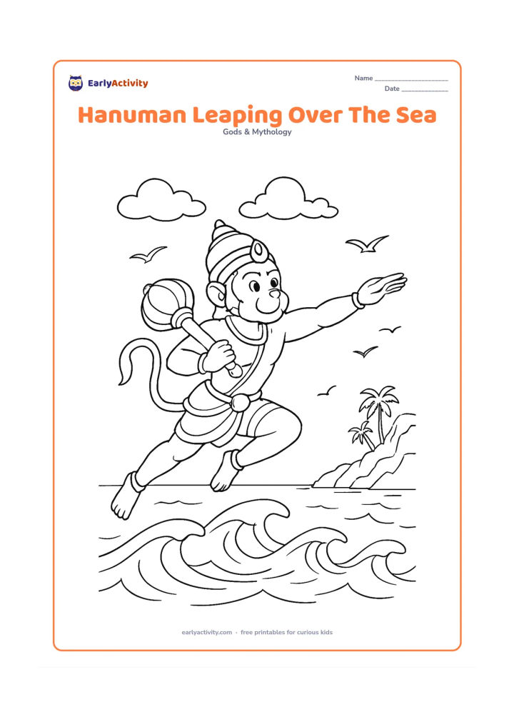 Colouring page: Hanuman leaps above rolling waves toward a distant shore, carrying his gada and stretching one arm forward. Add seabirds, clouds, a rocky coastline, and a few palm trees in the distance.