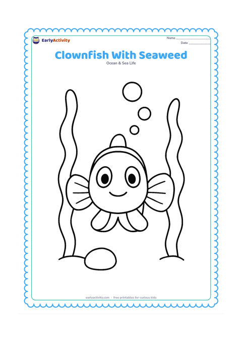 Colouring page: Draw a single clownfish facing forward between two tall, wavy seaweed plants. Add three large bubbles above its head and one rounded pebble below.