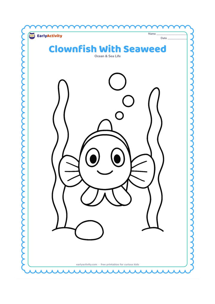 Colouring page: Draw a single clownfish facing forward between two tall, wavy seaweed plants. Add three large bubbles above its head and one rounded pebble below.